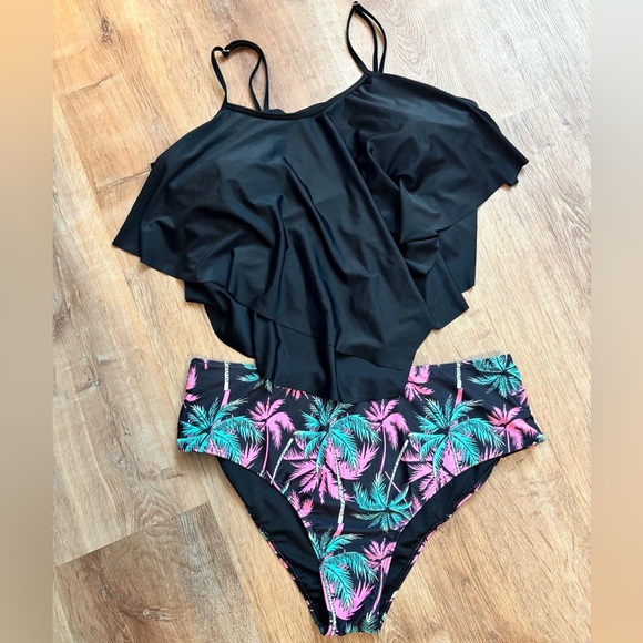 None Other - Plus Size Tankini Two Piece Black Tropical Print Size 3x